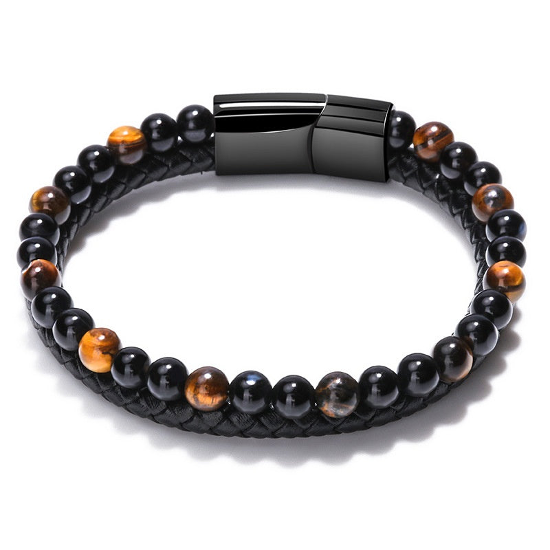 Me Natural Tiger Eye Stone Beads Bracelet Matte Black Onyx Leather Bracelet 23CM