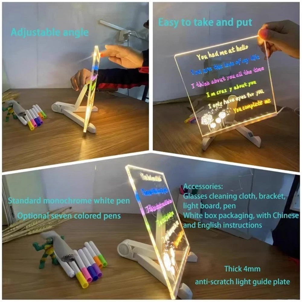 Light Up Message Board - 30x20cm Acrylic Rewritable Drawing Lamp with 7 Pens