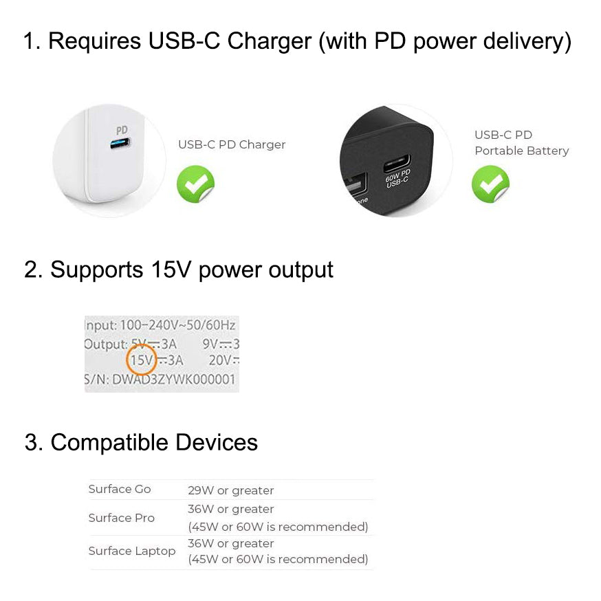 USB-PD Type-C Charging Cable (1.5m) for Microsoft Surface Pro / Book / Go