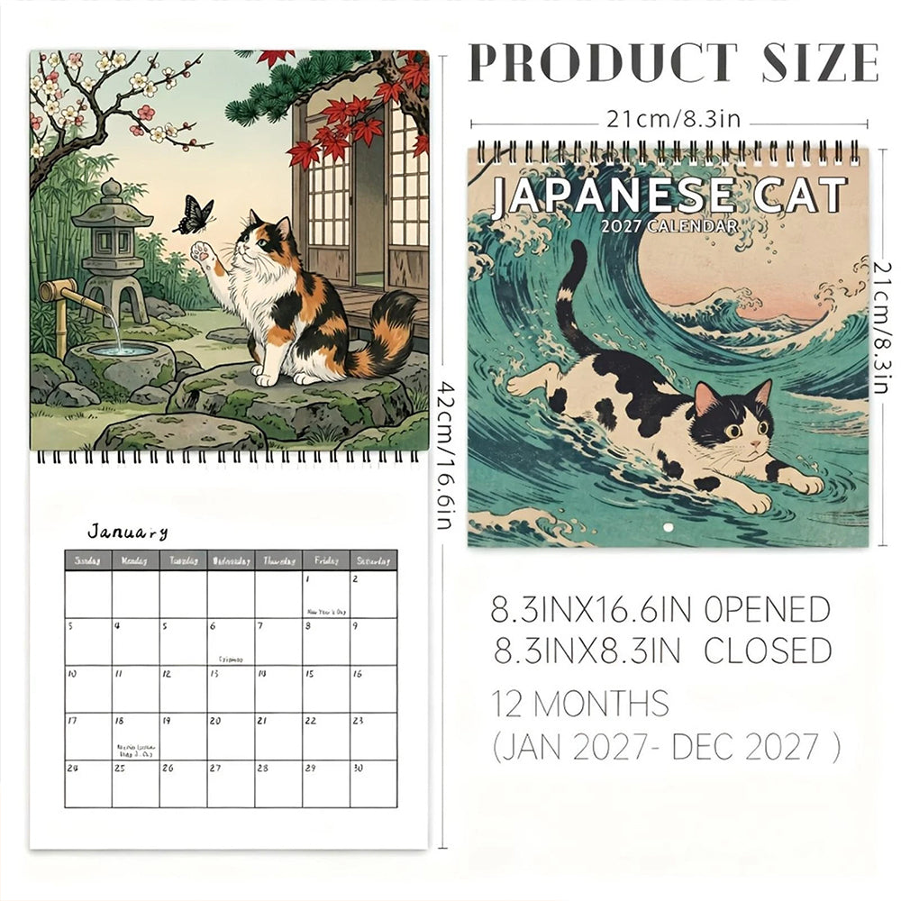 Cat 2027 Wall Calendar – Japanese Retro Cat Month-to-View Hanging Calendar