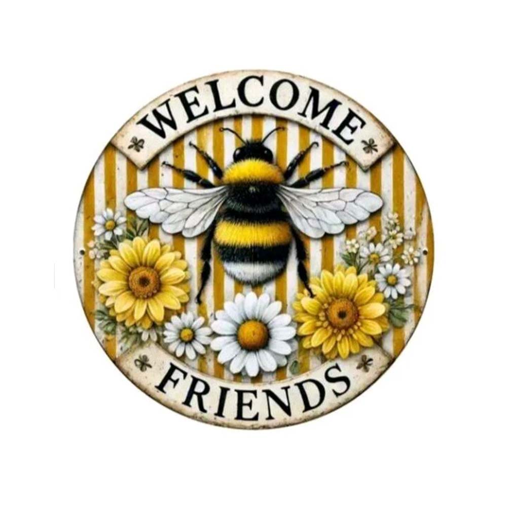 Acrylic Round Hanging Honey Bee Welcome Sign – Yellow Decorative Wall Art, 20cm