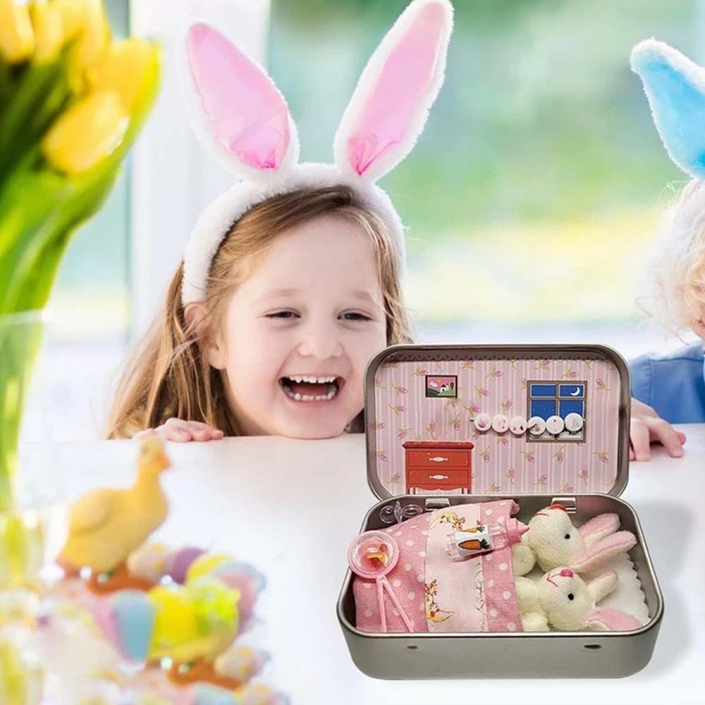 2 Bunnies in Tin Box - Easter Pocket Bunny Hug Plush Toys Ornament for Boys & Girls