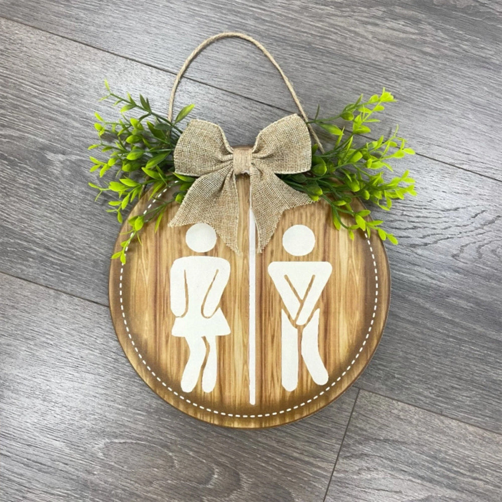 Bathroom Gender Sign – Rustic Wooden Round Hanging Toilet Door Plaque Decor 23CM