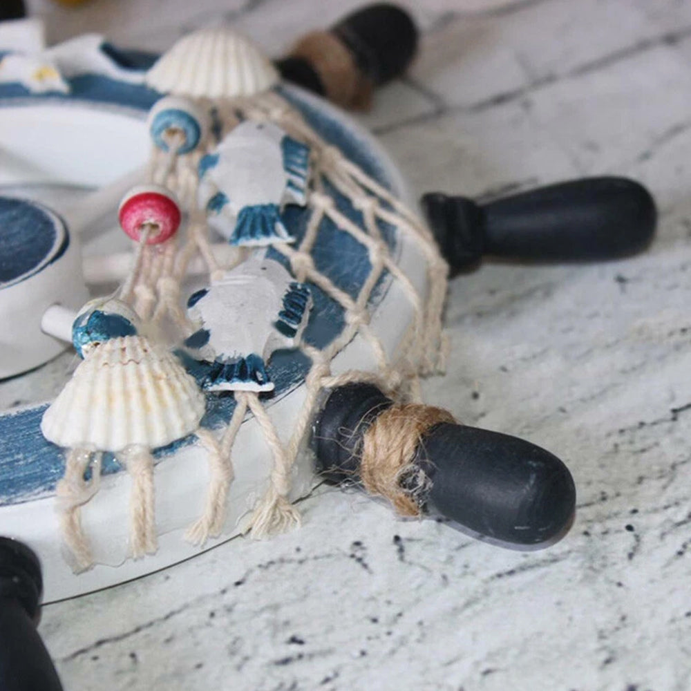 Wooden Ship Wheel Wall Decor, 23cm Nautical Steering Wheel with Blue Spokes for Beach House