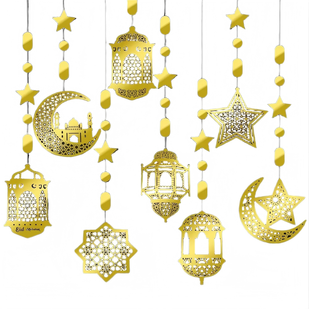8x Eid Mubarak Hanging Pendant – Ramadan Muslim Party Decor Streamer Banner Set