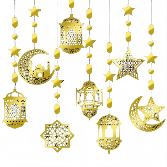 8x Eid Mubarak Hanging Pendant – Ramadan Muslim Party Decor Streamer Banner Set