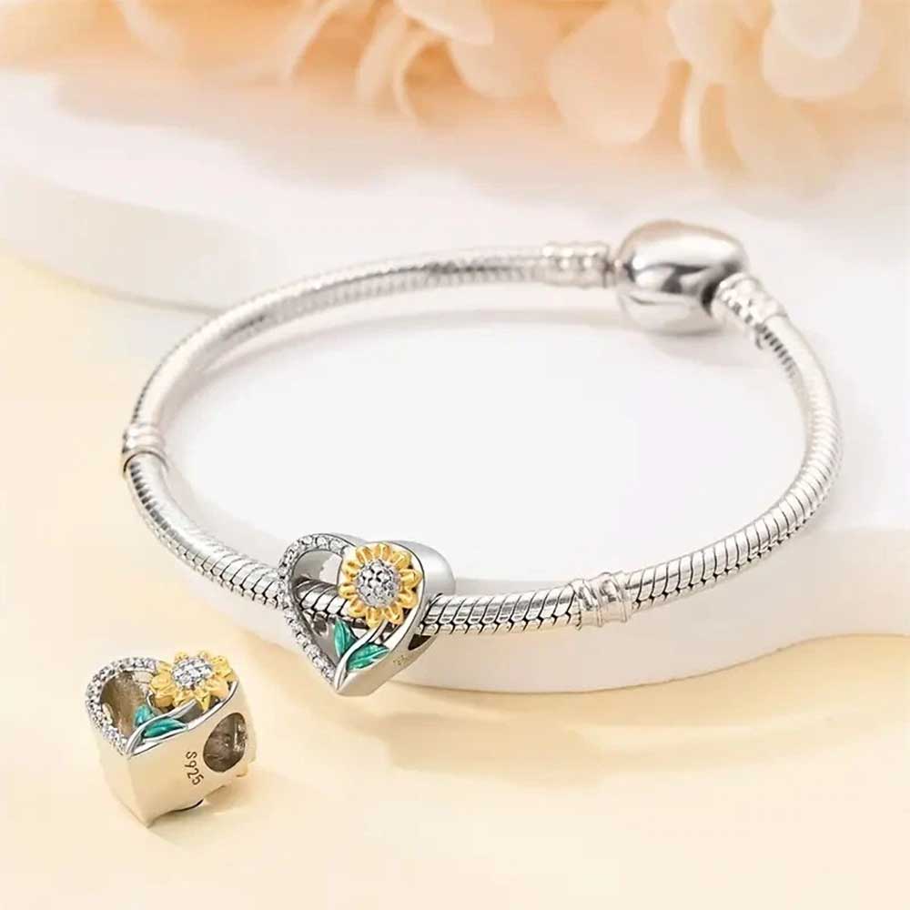 Sunflower Heart Charm For European Bracelets S925 Sterling Silver
