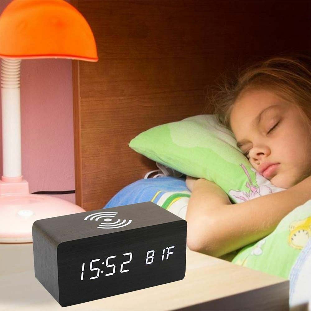 Modern Wooden Wood Digital LED Desk Alarm Clock Thermometer for Wireless Charger