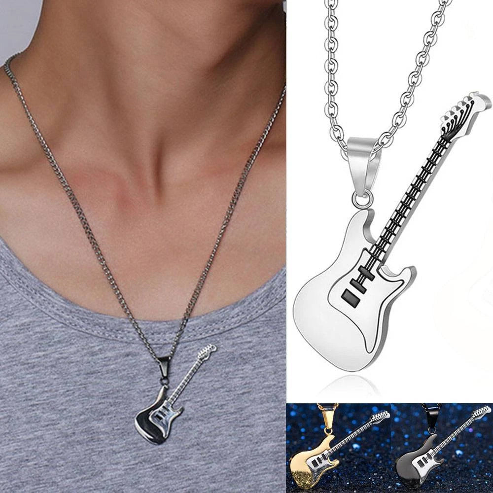 3-Piece Stainless Steel Music Guitar Pendant Necklace Set | Rock Style Unisex Jewelry Gift