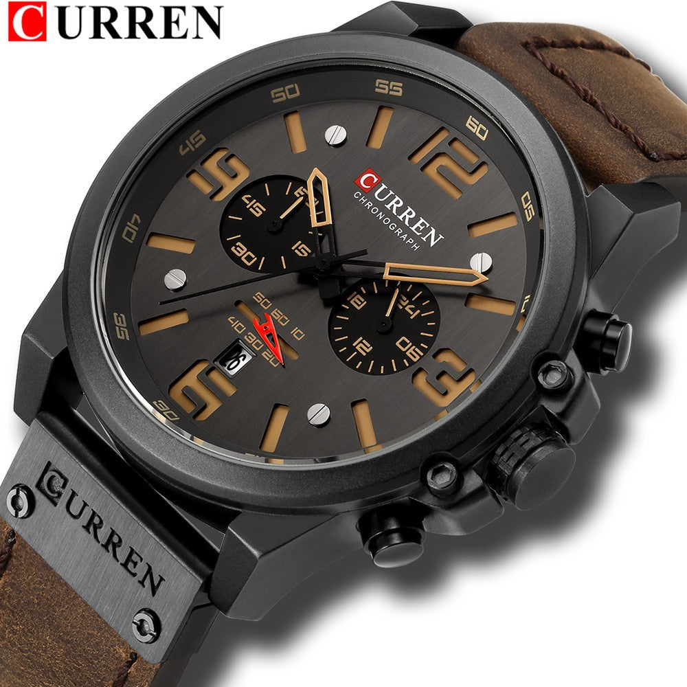 Men's Business Quartz Watch – Leather Chronograph Calendar 47mm Multifunction