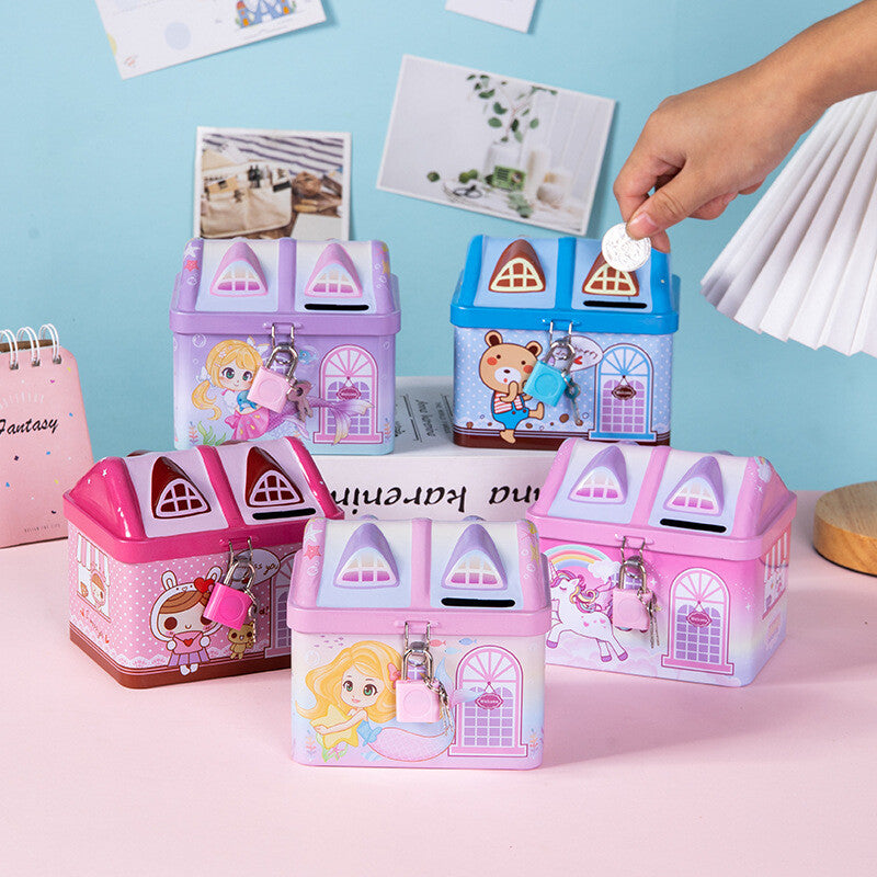 Boys Girls House Model Kids Money Piggy Bank Coin Saving Cash Tin Metal Box Unicorn