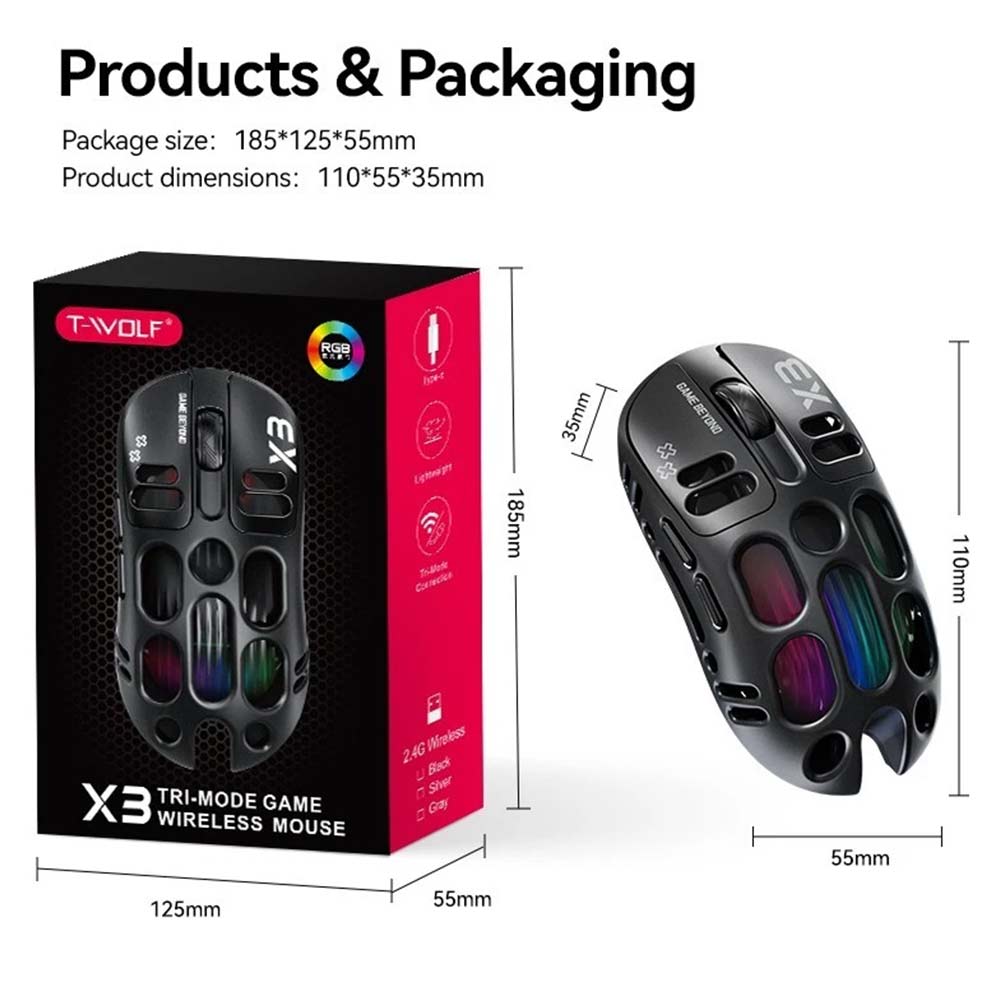 RGB Gaming Mouse TWOLF X3 - PAW3311 12000 DPI, Tri-Mode Wireless/Wired, 500mAh