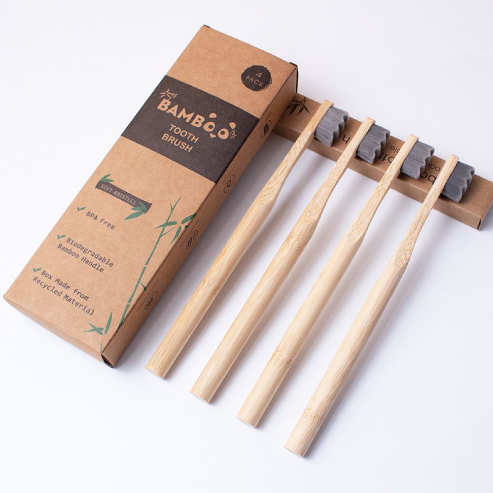 Gray Bamboo Toothbrush Set – 4-Pack, Extra Dense Bristles, Eco-Friendly