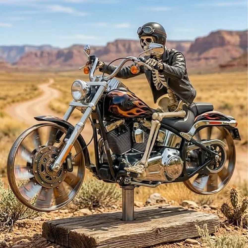 2D Flat Motorcycle Wind Spinner – Yard Garden Biker Windmill Stake with Rotating Wheels