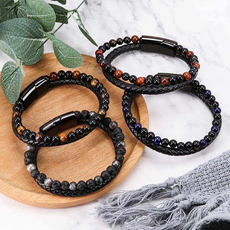 Me Natural Tiger Eye Stone Beads Bracelet Matte Black Onyx Leather Bracelet 23CM
