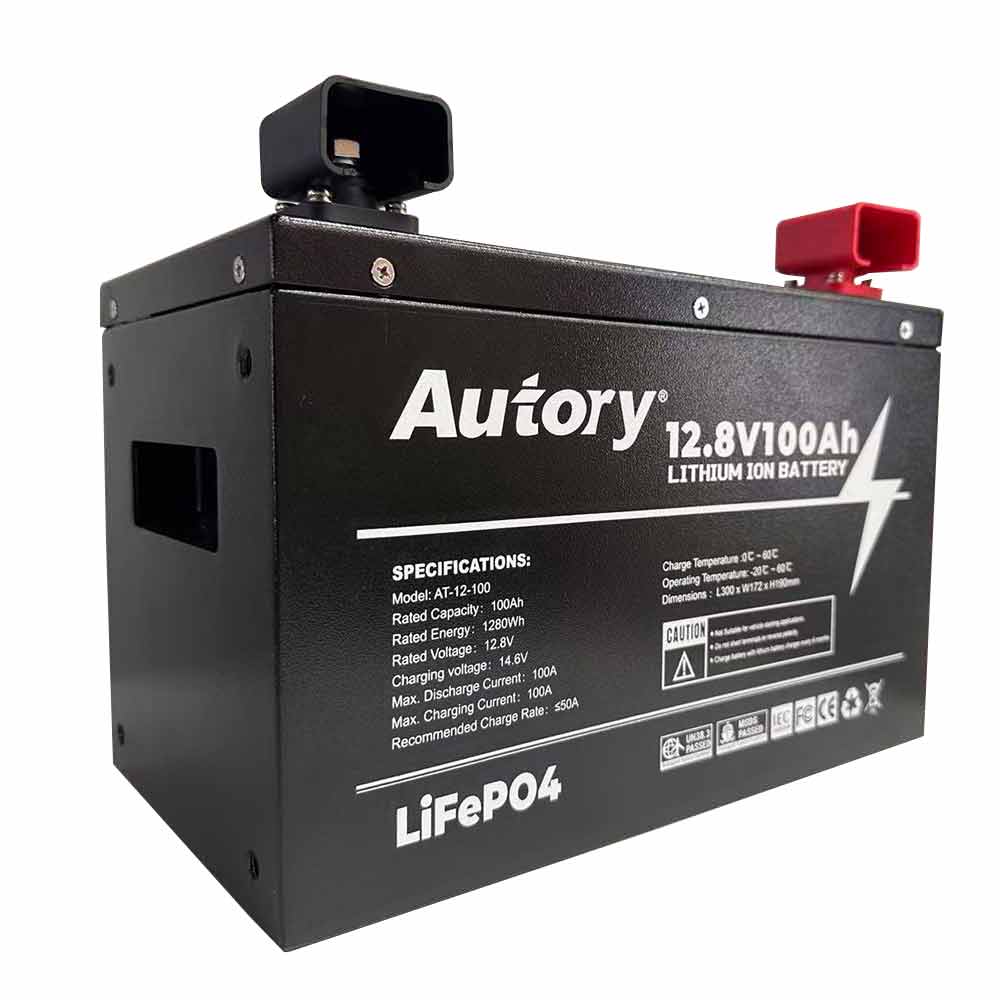 Autory 12.8V 100Ah LiFePO4 Battery with Metal Case & Mounting Bracket | Deep Cycle for RV, Solar, Marine