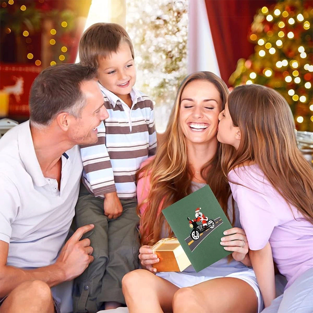 3D Pop-Up Christmas Card - Santa Claus on Motorbike Holiday Greeting Card