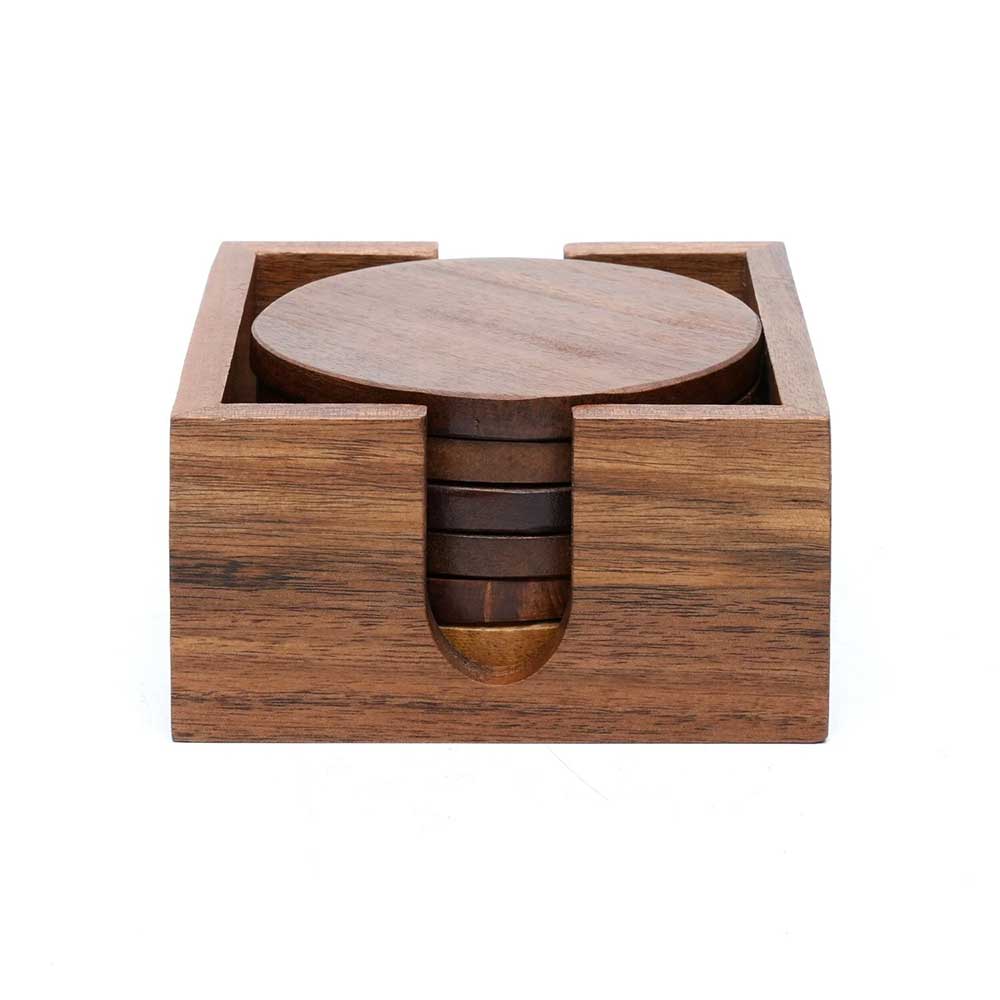 Set of 6 Wood Coasters - Round Wooden Drink Mats for Coffee & Tea