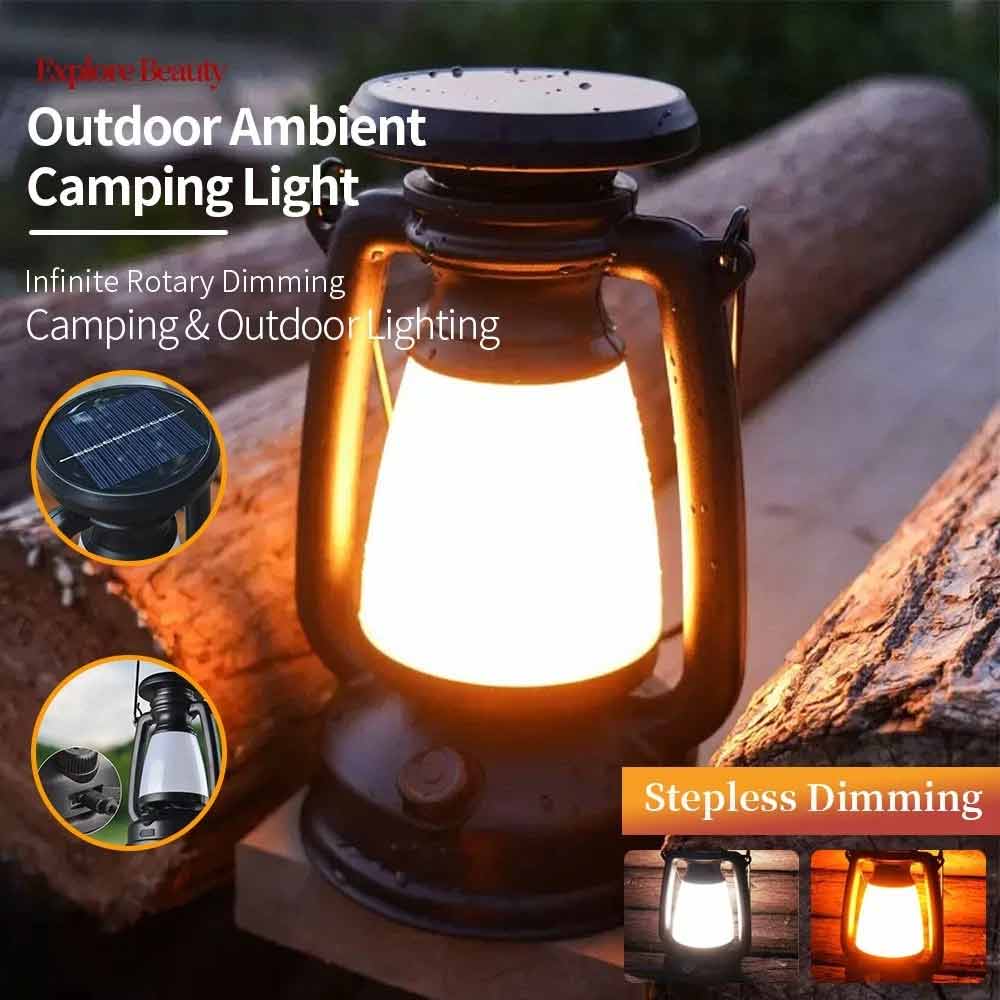 Solar Camping Lantern – USB Rechargeable LED Tent Light with Rotary Dimming