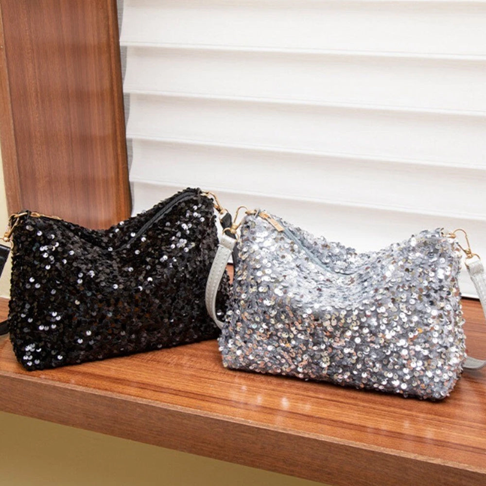 Women's Sequin Evening Bag - Sparkly Silver & Black Shoulder Bag Clutch Purse for Parties