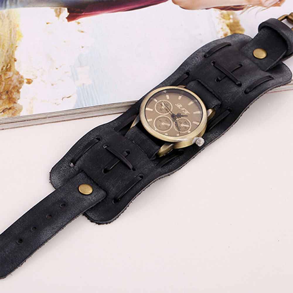 Retro Punk Rock Leather Bracelet Cuff Men Wrist Watch Wide Band Quartz Watch