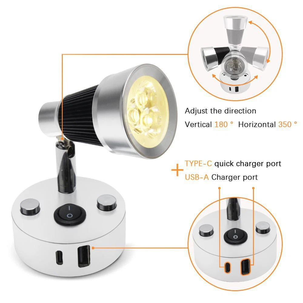 12V 24V Reading Light 3W LED RV Interior with USB & Type-C for Caravan Boat Lamp
