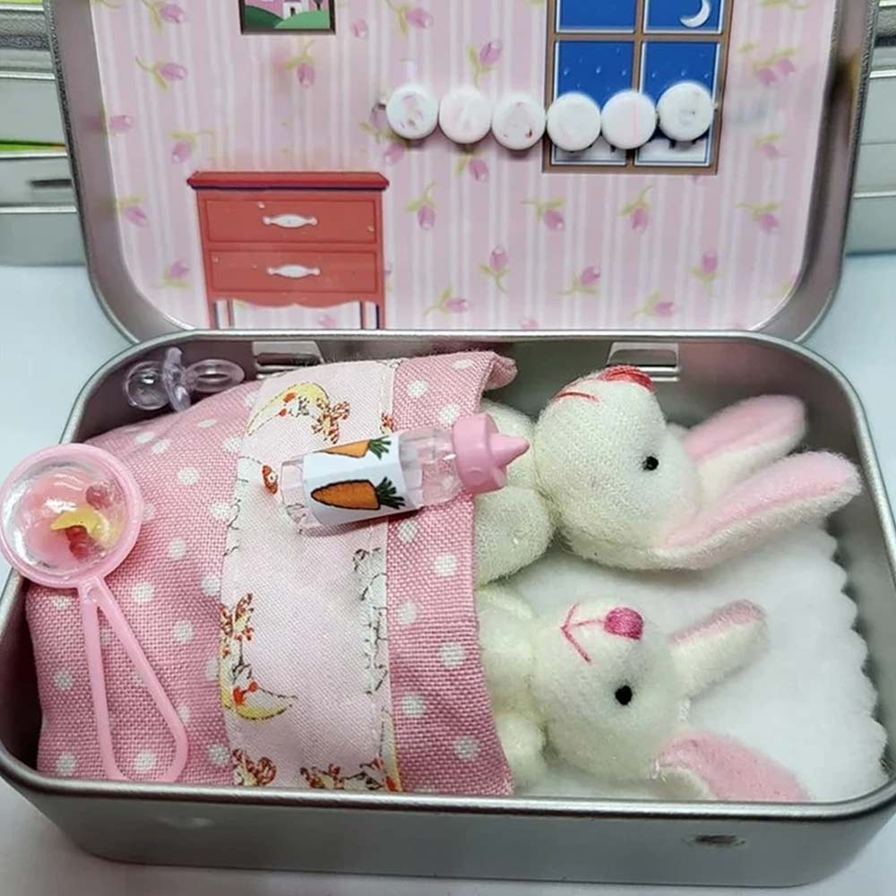 2 Bunnies in Tin Box - Easter Pocket Bunny Hug Plush Toys Ornament for Boys & Girls