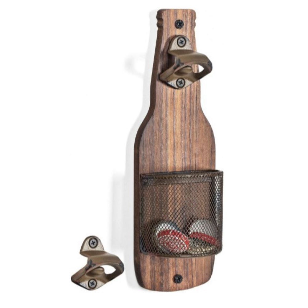 Wall-Mounted Beer Opener – Bottle Cap Catcher for Kitchen Bar, Wooden Design