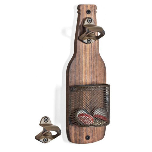 Wall-Mounted Beer Opener – Bottle Cap Catcher for Kitchen Bar, Wooden Design