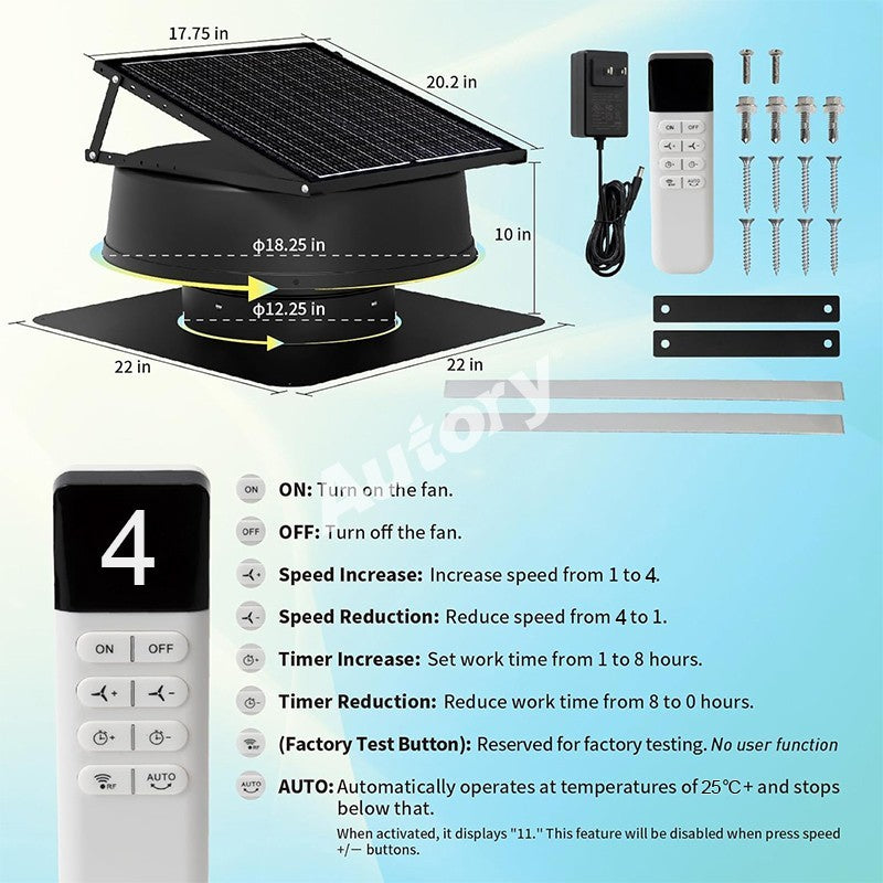 Autory Wireless Solar Roof Vent Fan – 320mm Remote Control Ventilation, Hybrid Power