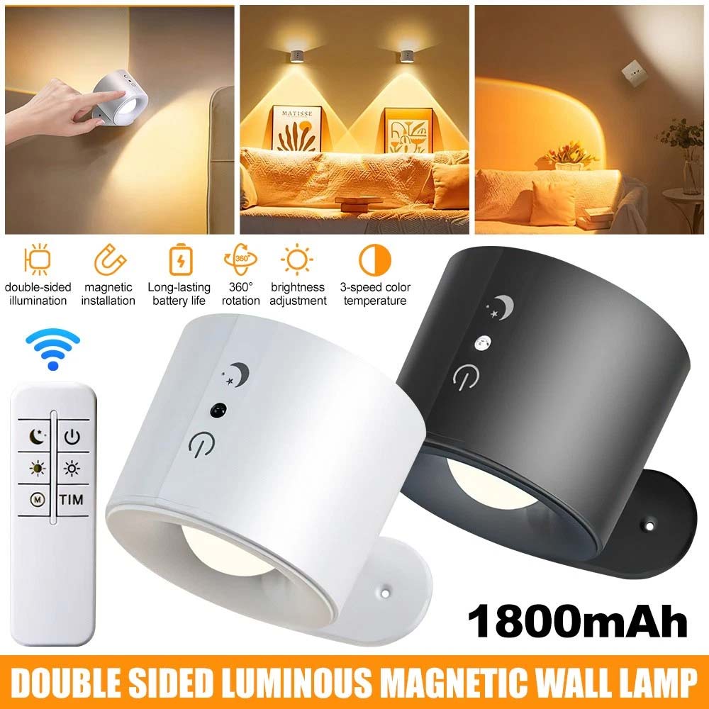 Rechargeable LED Wall Sconce Lights - Magnetic Remote Night Lamp, USB Powered