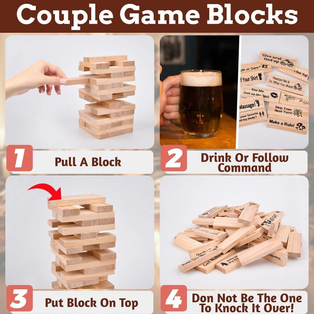 48 Blocks Adult Naughty Games - Wooden Tumble Tower with Bag, Couples Date Night