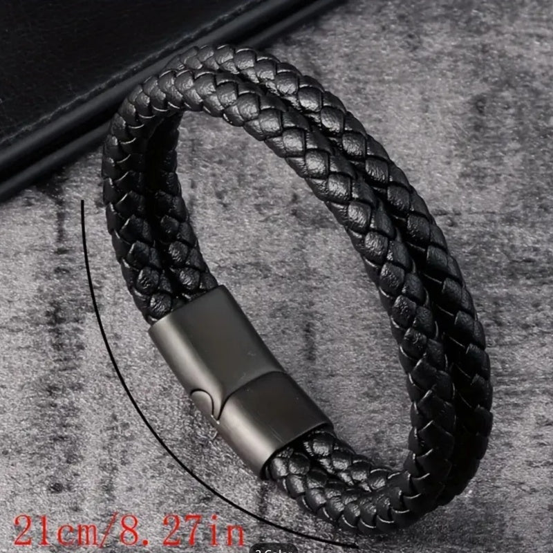 Mens Leather Braided Wristband Bracelet Stainless Steel Magnetic 6mm Black 21CM