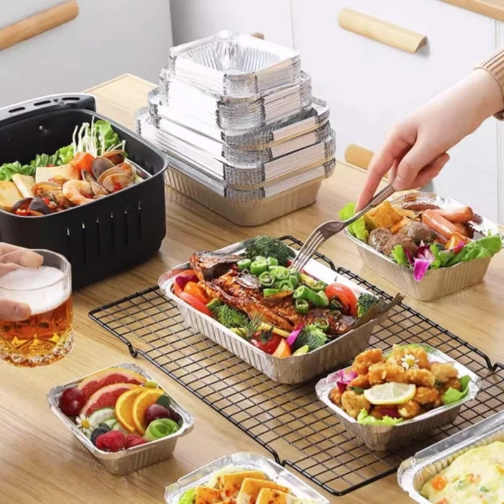 20Pcs Rectangle Air Fryer Aluminum Foil Pans -Oil-Proof BBQ Drip Trays (No Cover)