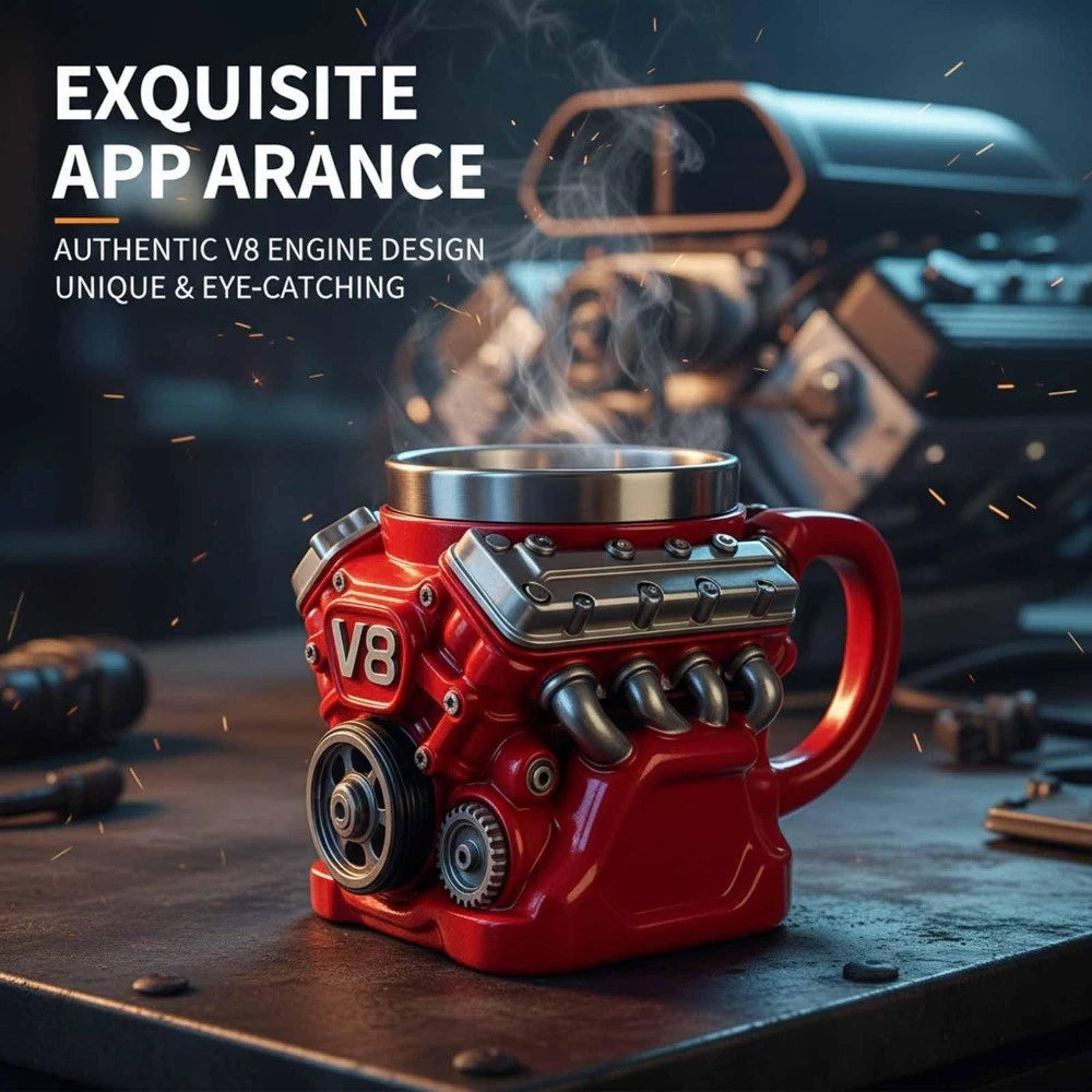 Retro Engine Design Stainless Steel Insulated Mug Double Wall Car-Themed Coffee Cup for Men & Boys,Unique Gift Idea