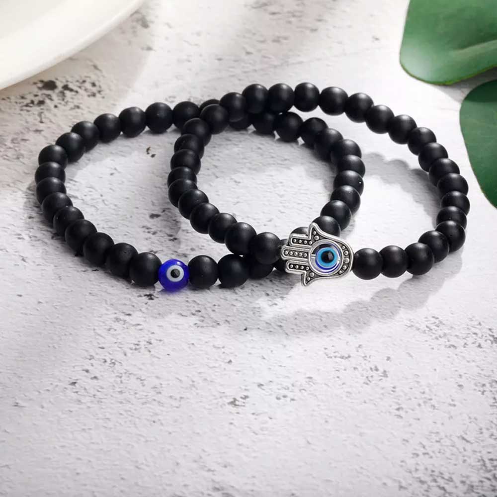 2Pcs Hamsa Evil Eye Bracelet Turquoise Beaded Sets Women Men Lucky Jewelry Gifts