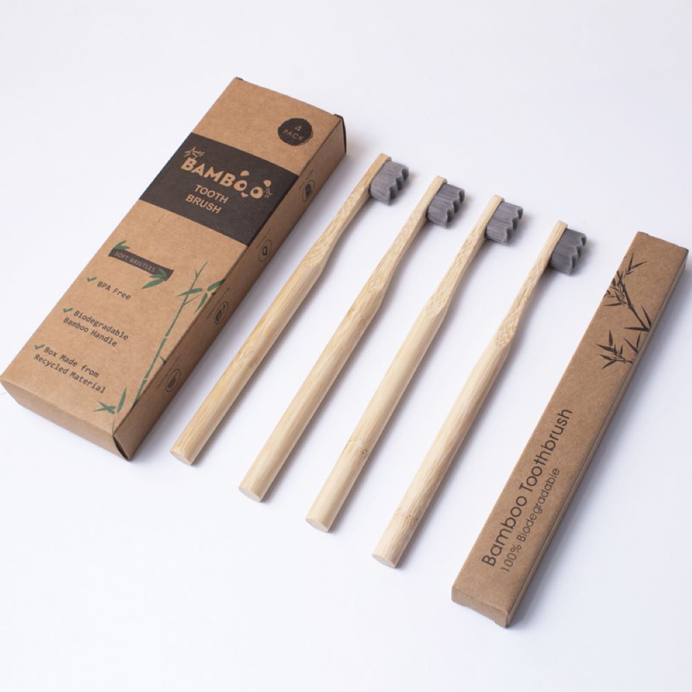 Gray Bamboo Toothbrush Set – 4-Pack, Extra Dense Bristles, Eco-Friendly