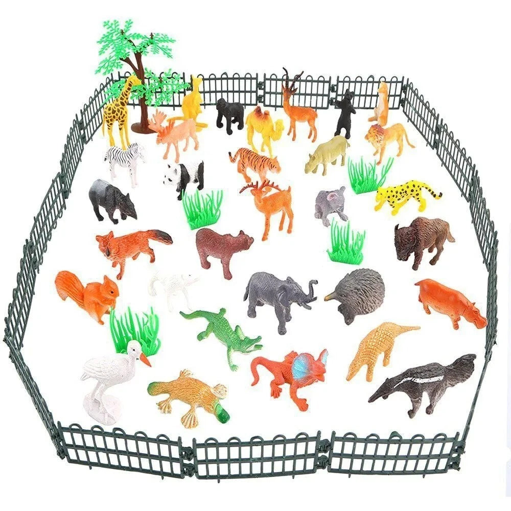 53pc Jungle Animal Figures Set - Mini Wild Zoo Toys with Fence & Trees