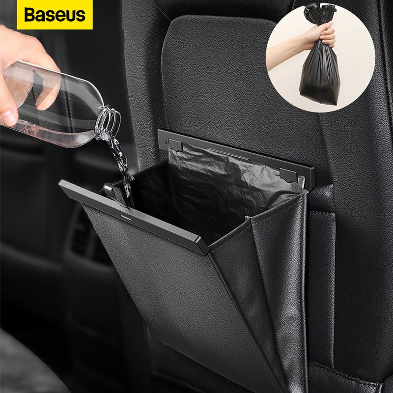 Baseus PU Leather Car Trash Bag - Waterproof, Leakproof Waste Basket with Magnetic Closure