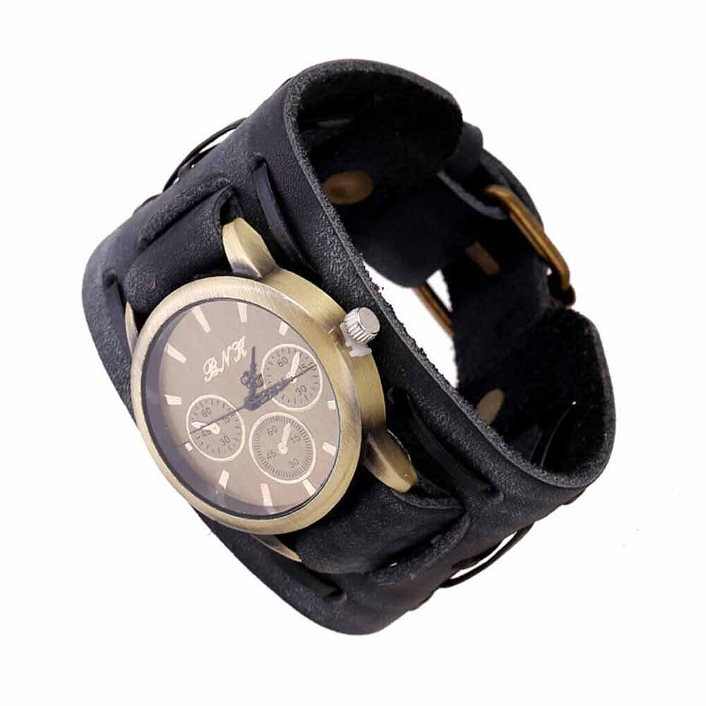 Retro Punk Rock Leather Bracelet Cuff Men Wrist Watch Wide Band Quartz Watch