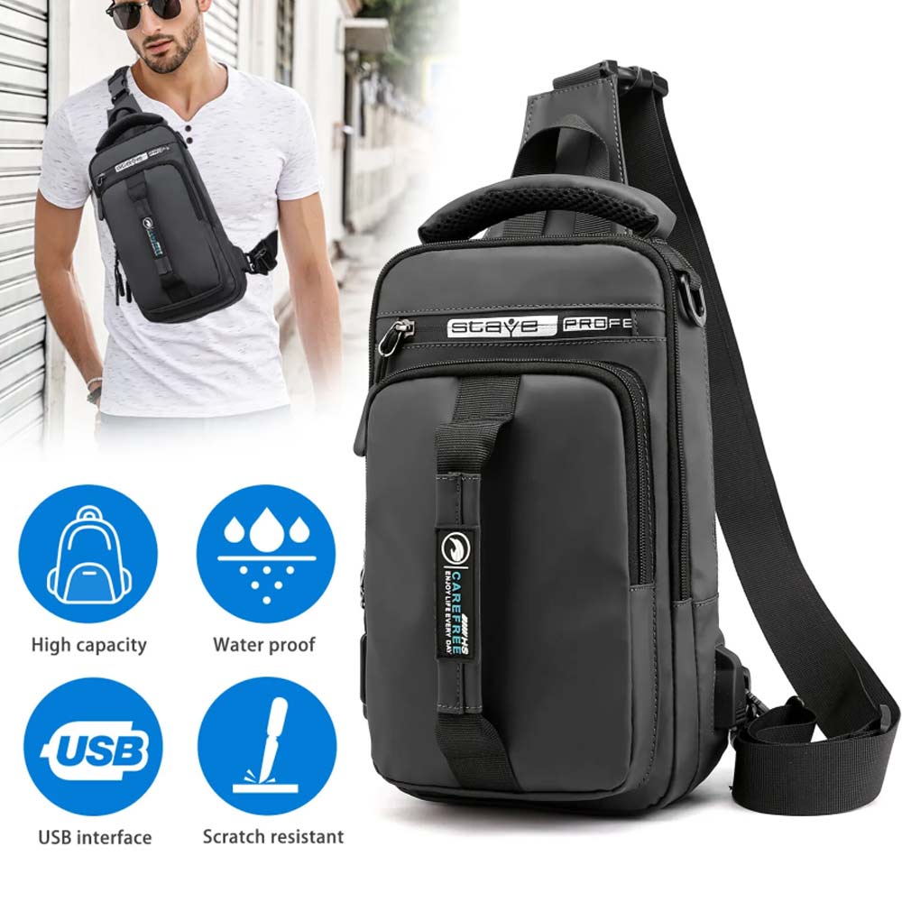 Men's Anti-Theft Sling Crossbody Backpack – Chest Shoulder Messenger Bag with USB Port