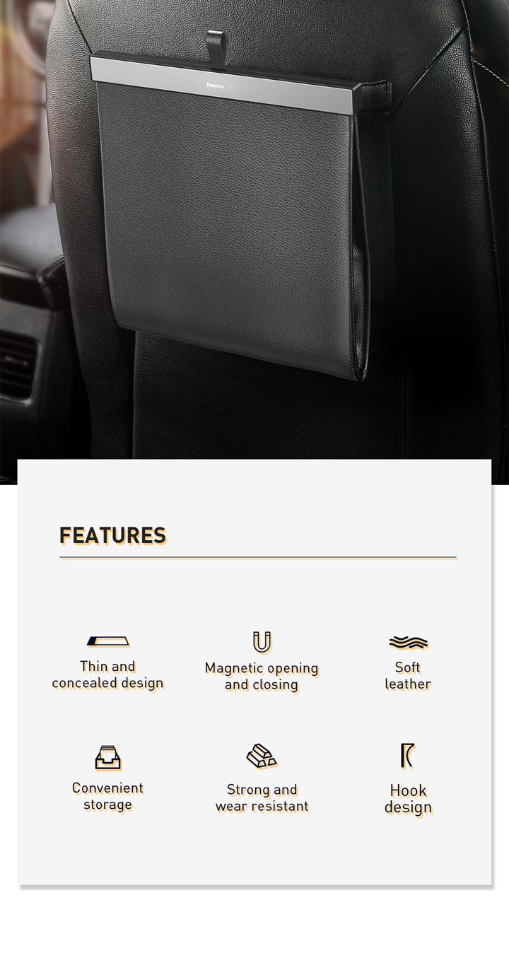 Baseus PU Leather Car Trash Bag - Waterproof, Leakproof Waste Basket with Magnetic Closure