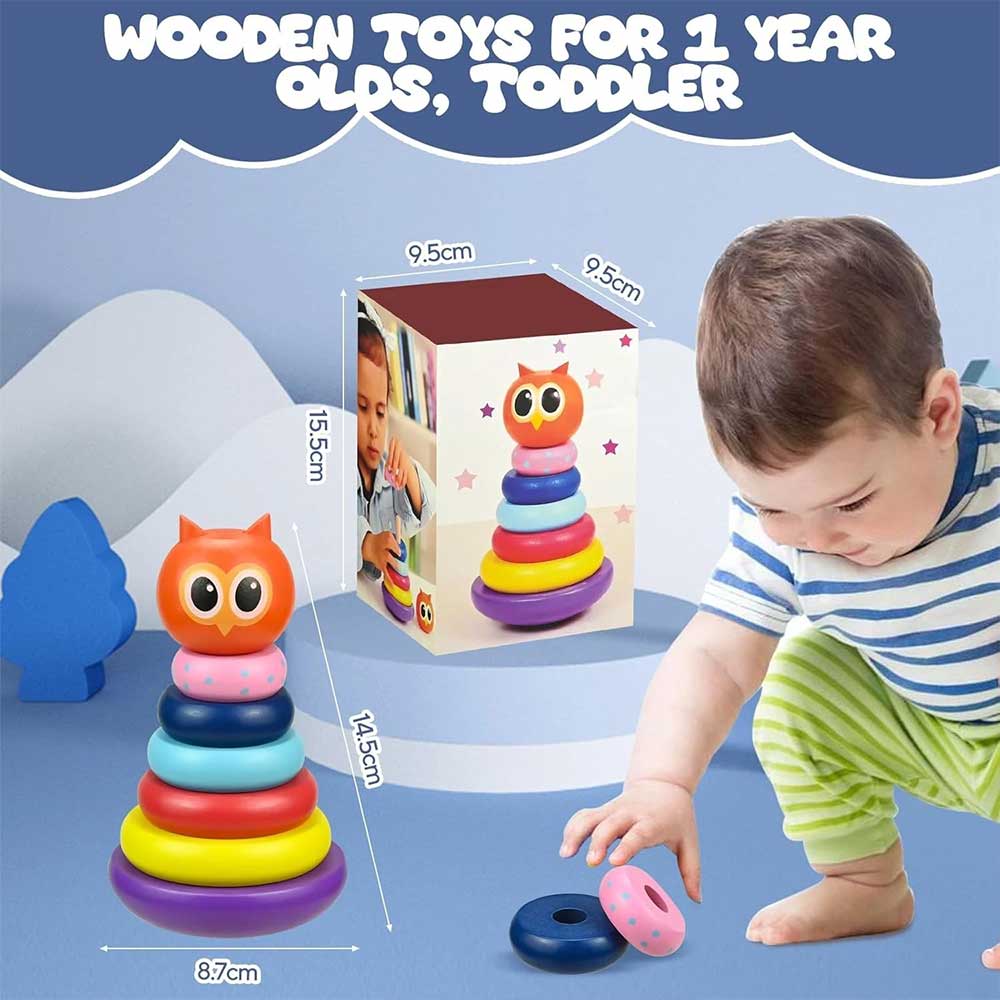 Owl Tumbler Stacking Toy Wooden Rainbow Spinning Rings Tower