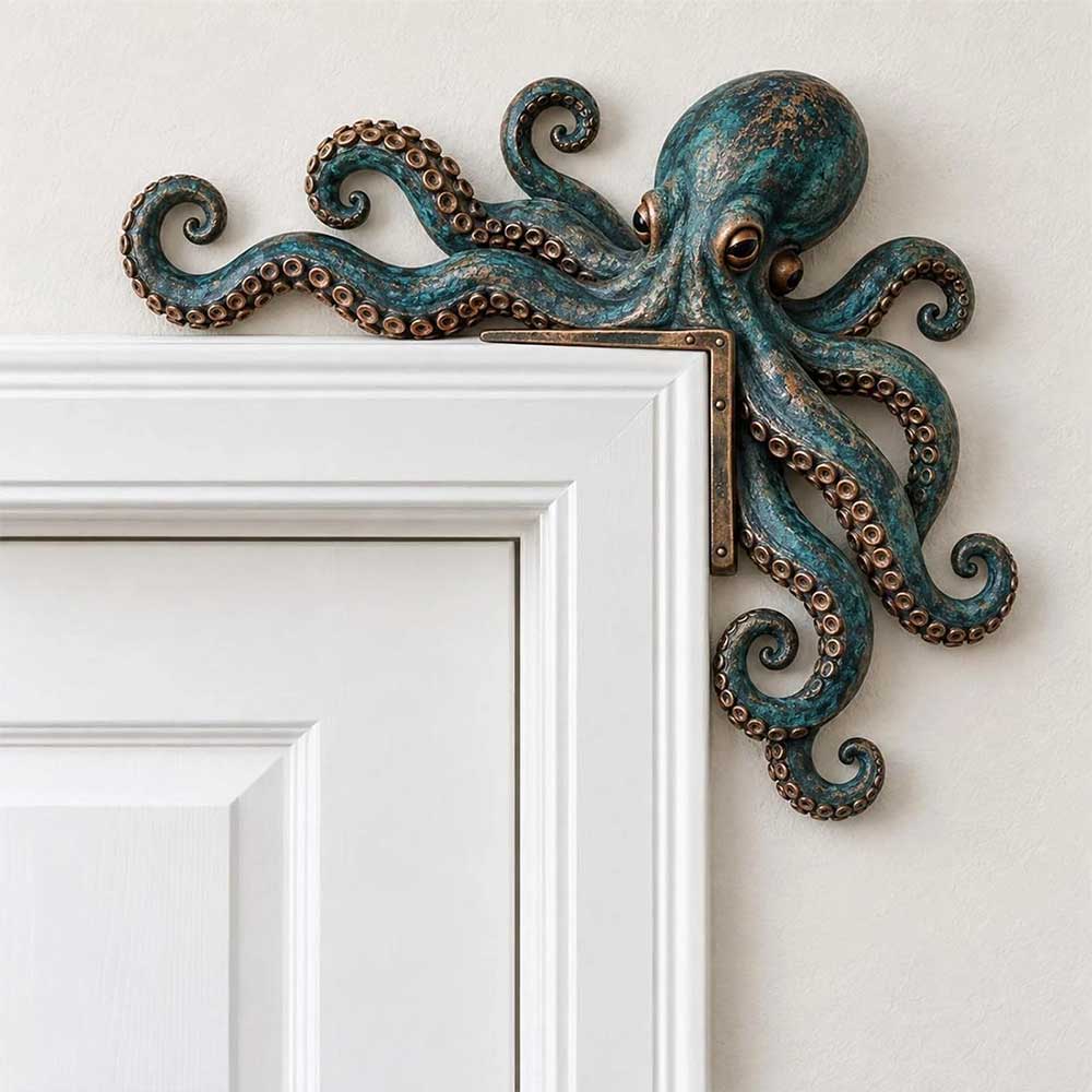 1Pair Octopus Door Frame Decor – Wooden Nautical Door Corner Statue, 20cm