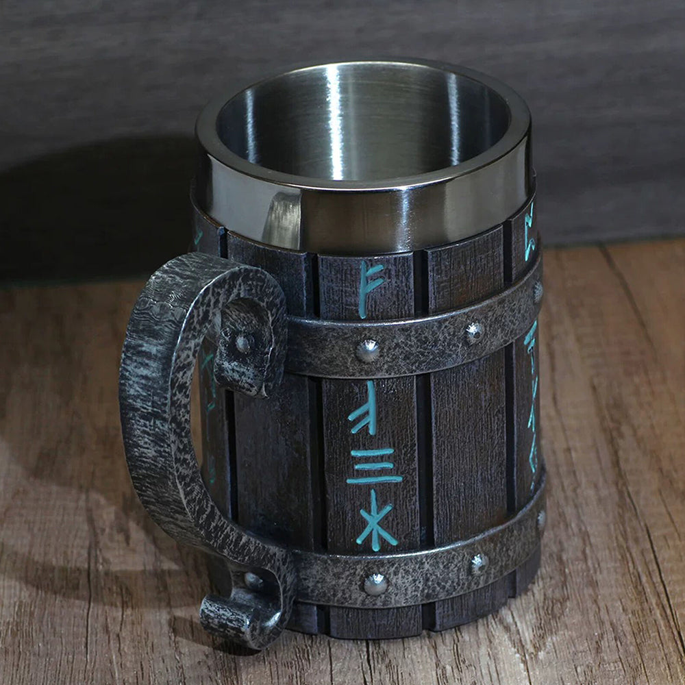 Viking Stainless Steel Tankard Odin Thor Mjolnir Drink Mug Beer Stein Coffee Cup