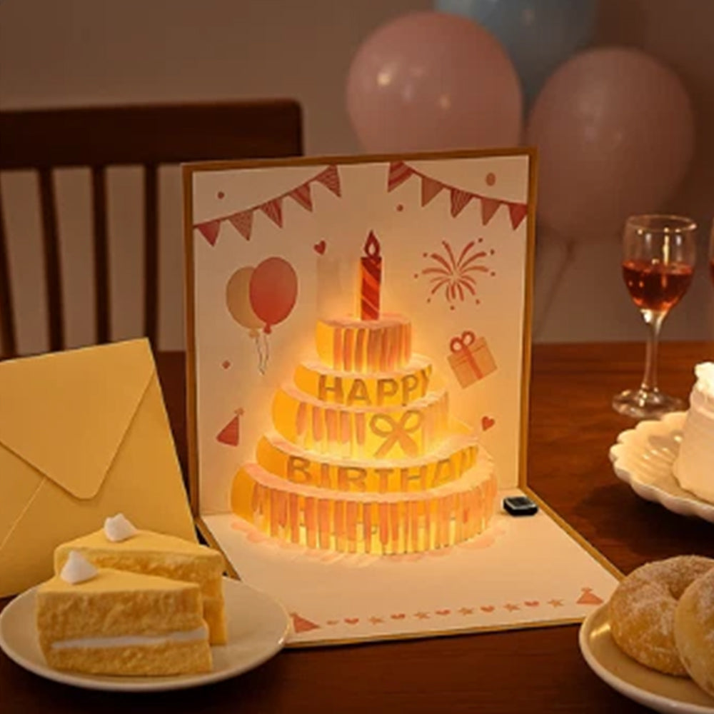 Auto Musical 3D Pop-Up Birthday Card – LED Light Up Cake with Voice Recorder & Fireworks
