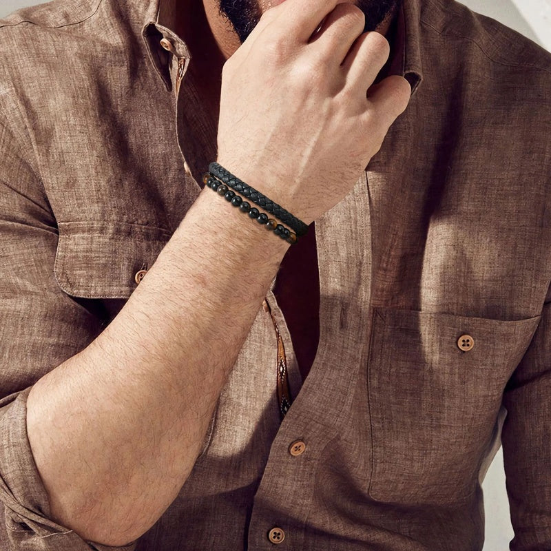 Me Natural Tiger Eye Stone Beads Bracelet Matte Black Onyx Leather Bracelet 23CM