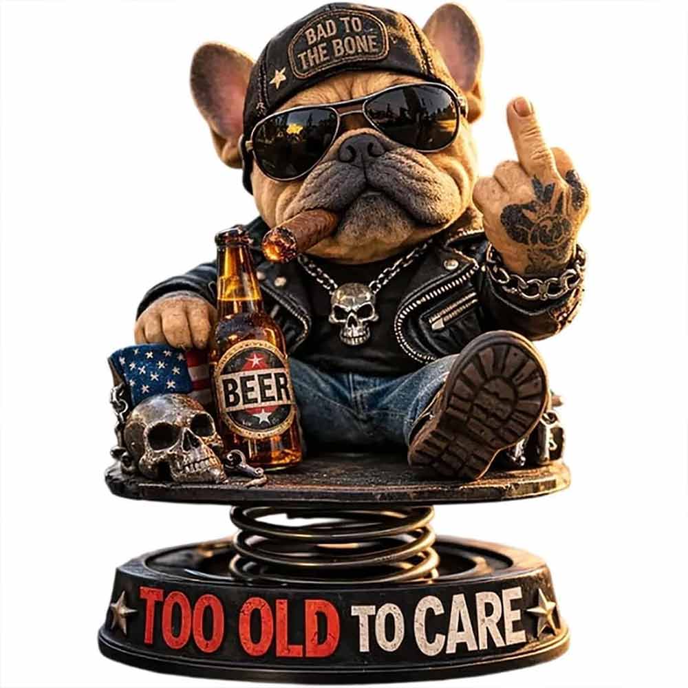 “Too Old To Care” Dashboard Bobblehead – Funny Resin Bulldog Nodding Head Dog
