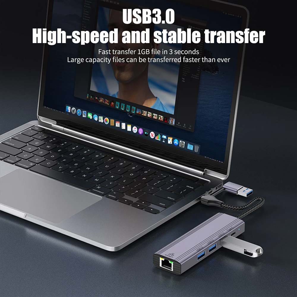 5-in-1 USB C to Gigabit Ethernet Adapter - 1000Mbps RJ45 LAN with 3 USB 3.0 Ports