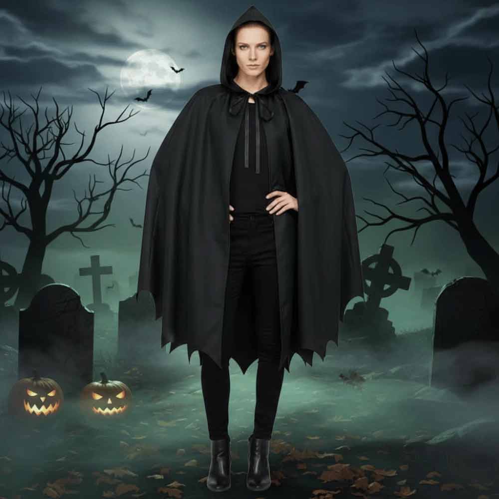 Halloween Bat Hooded Cloak – Medieval Gothic Cape Costume, Black 110x190cm